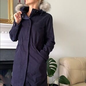 Gap Women Navy Blue Parka Faux Fur Hood Quilted Zip Out Liner XS Utility Jacket